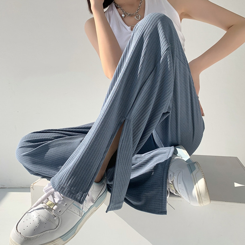 Naiste õhukesed elastsed kõrge vöökohaga laia säärega püksid vabaaja vabad ühevärvilised vintage küljeosa lõhestatud servaga soonikkoes sirged püksid