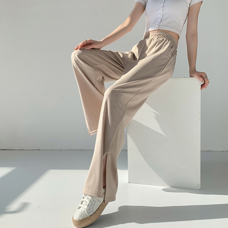 Naiste õhukesed elastsed kõrge vöökohaga laia säärega püksid vabaaja vabad ühevärvilised vintage küljeosa lõhestatud servaga soonikkoes sirged püksid