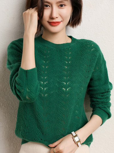 Grace Comfort Proljeće Jesen Ženski pleteni pulover od kašmirske vune s O-izrezom Ženski pleteni pulover Modni izdubljeni široki gornji dijelovi