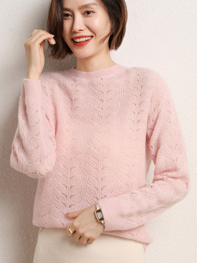 Grace Comfort Proljeće Jesen Ženski pleteni pulover od kašmirske vune s O-izrezom Ženski pleteni pulover Modni izdubljeni široki gornji dijelovi