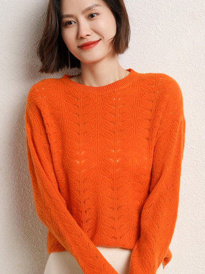 Grace Comfort Proljeće Jesen Ženski pleteni pulover od kašmirske vune s O-izrezom Ženski pleteni pulover Modni izdubljeni široki gornji dijelovi