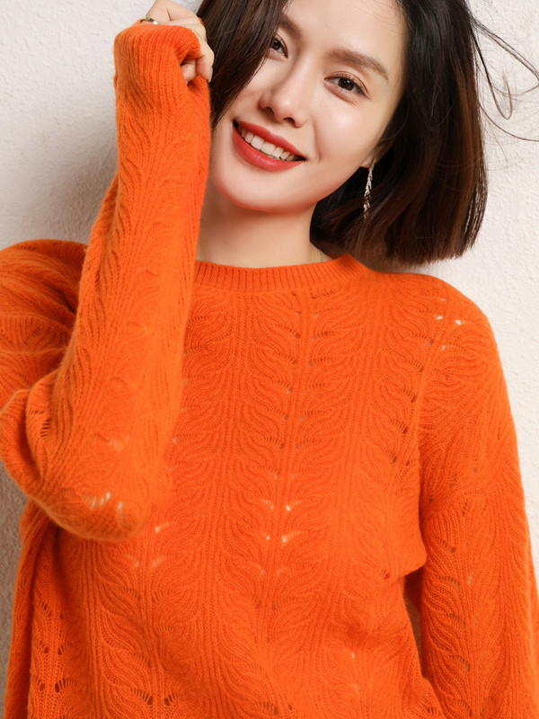 Grace Comfort Proljeće Jesen Ženski pleteni pulover od kašmirske vune s O-izrezom Ženski pleteni pulover Modni izdubljeni široki gornji dijelovi