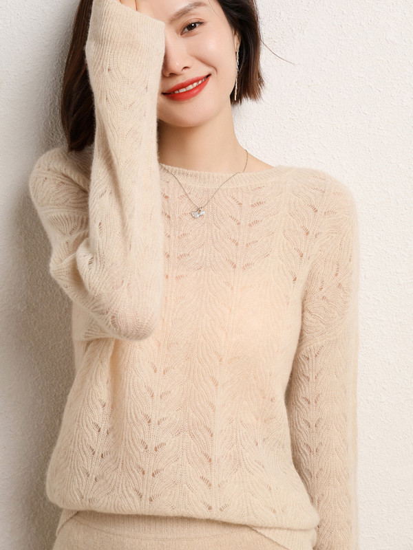 Grace Comfort Proljeće Jesen Ženski pleteni pulover od kašmirske vune s O-izrezom Ženski pleteni pulover Modni izdubljeni široki gornji dijelovi