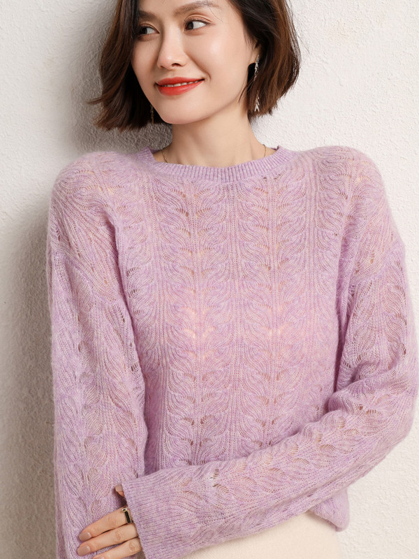 Grace Comfort Proljeće Jesen Ženski pleteni pulover od kašmirske vune s O-izrezom Ženski pleteni pulover Modni izdubljeni široki gornji dijelovi