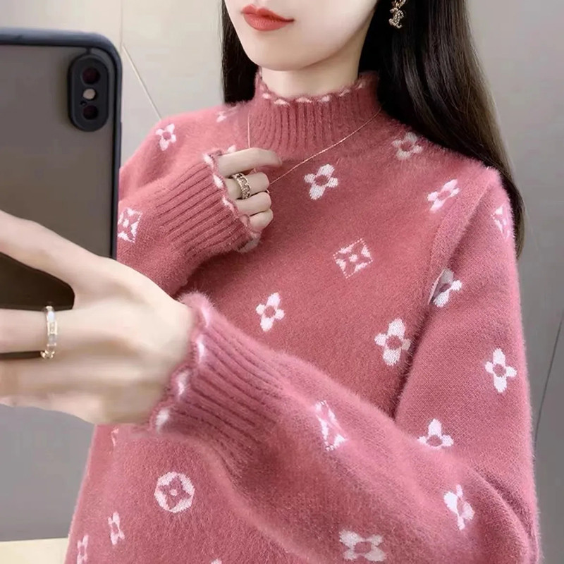 Sügistalvine poolkõrge kraega lilleprinteriga sviiter naiste Korea moe pluss sametine soe kootud kampsun Uued kampsunid