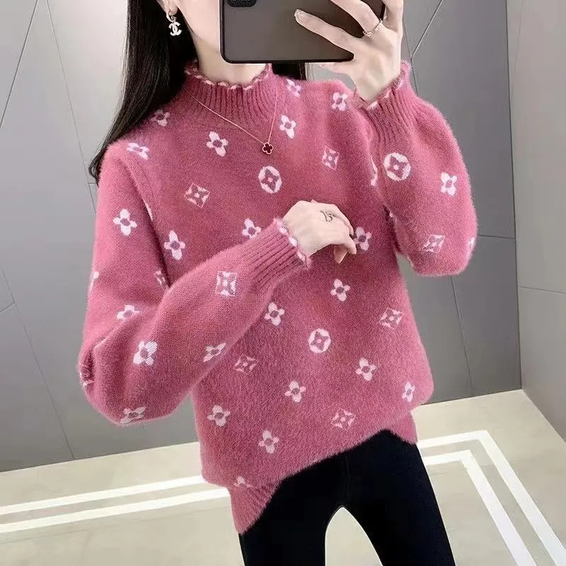 Sügistalvine poolkõrge kraega lilleprinteriga sviiter naiste Korea moe pluss sametine soe kootud kampsun Uued kampsunid