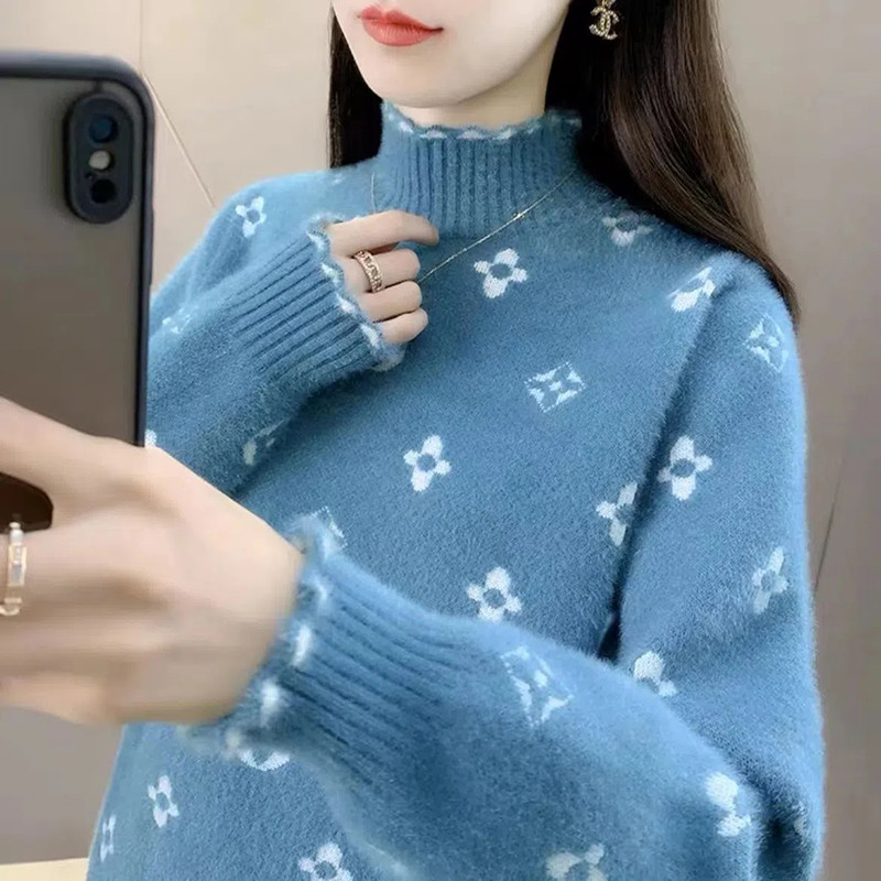 Sügistalvine poolkõrge kraega lilleprinteriga sviiter naiste Korea moe pluss sametine soe kootud kampsun Uued kampsunid