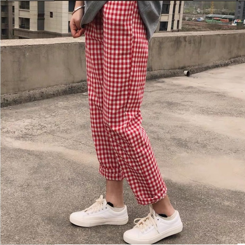 2023 puuvillane linane vabaaja vaba vintage ruuduline haaremipüksid Harajuku naiste püksid elastikud kõrge vöökohaga püksid Korea sirged püksid