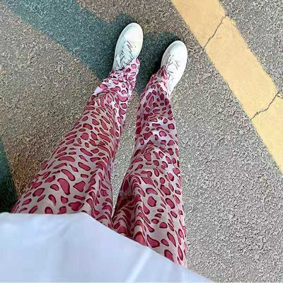 Harajuku mood roosad leopardtrükiga püksid Y2k tüdrukule laiad sirged püksid kõrge vöökohaga vaba vabaaja trendikad teksad naiste püksid