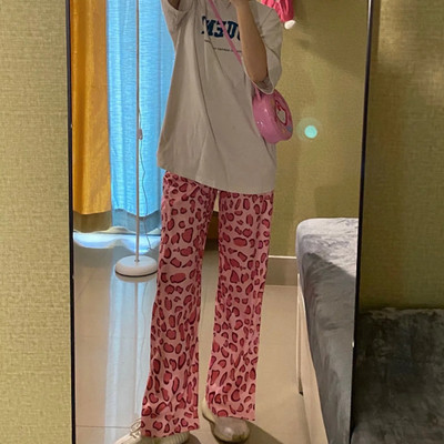 Harajuku mood roosad leopardtrükiga püksid Y2k tüdrukule laiad sirged püksid kõrge vöökohaga vaba vabaaja trendikad teksad naiste püksid