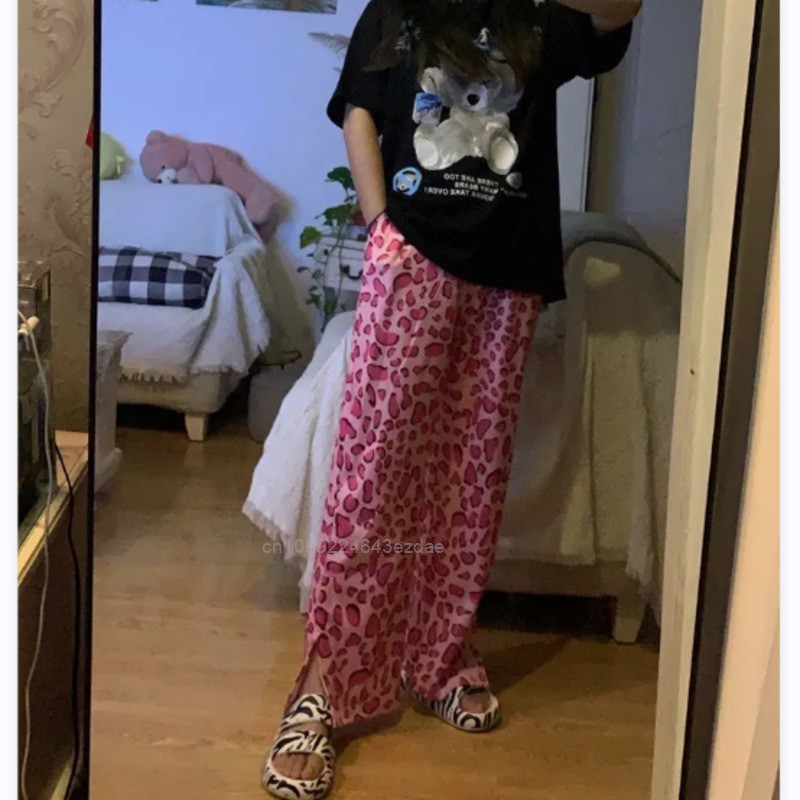 Harajuku mood roosad leopardtrükiga püksid Y2k tüdrukule laiad sirged püksid kõrge vöökohaga vaba vabaaja trendikad teksad naiste püksid