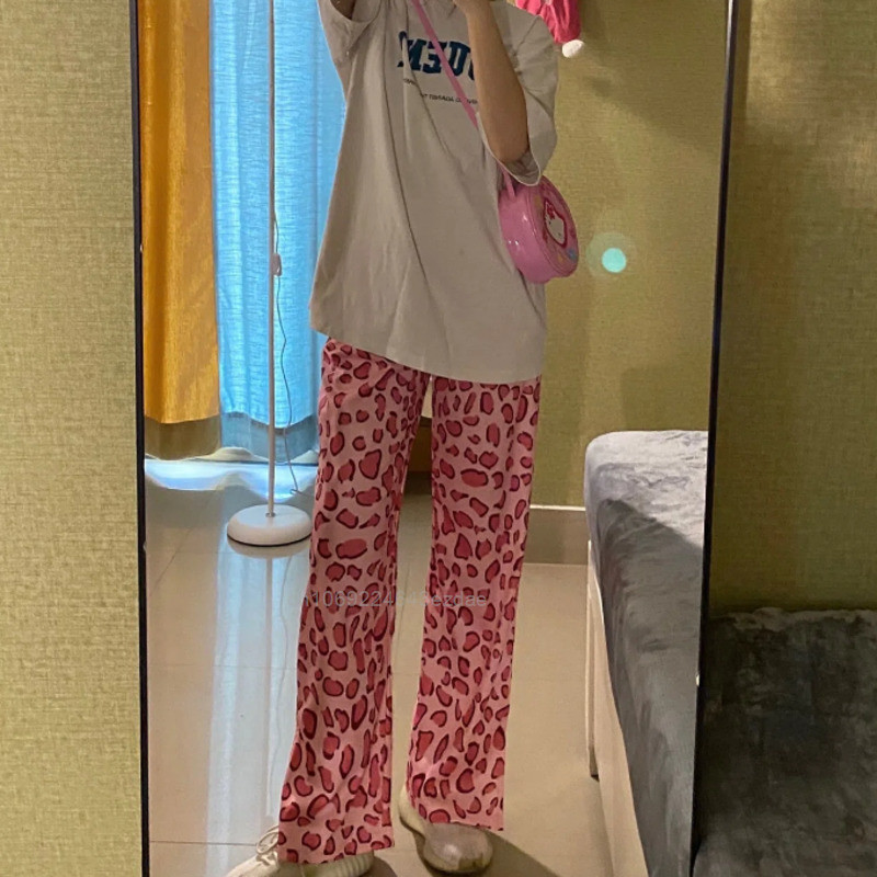 Harajuku mood roosad leopardtrükiga püksid Y2k tüdrukule laiad sirged püksid kõrge vöökohaga vaba vabaaja trendikad teksad naiste püksid