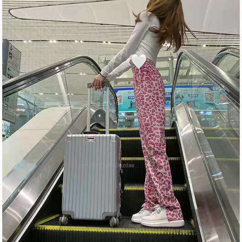 Harajuku mood roosad leopardtrükiga püksid Y2k tüdrukule laiad sirged püksid kõrge vöökohaga vaba vabaaja trendikad teksad naiste püksid