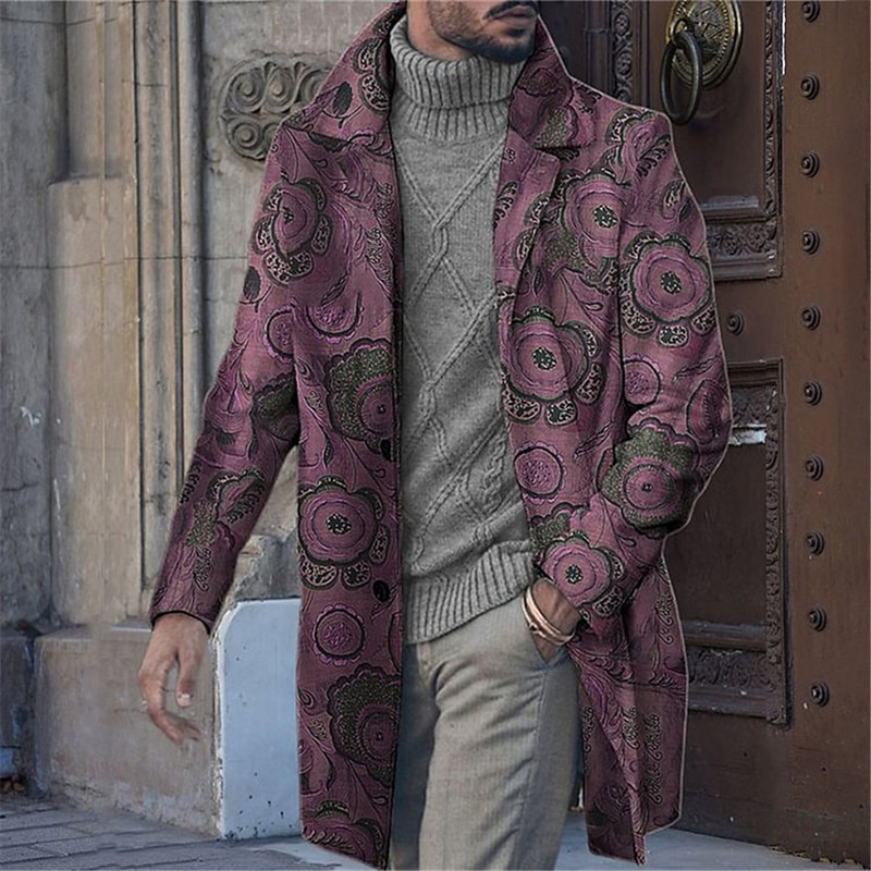 Floral Graphic Print Μεσαίου Μακρύ παλτό Ανδρικό αντιανεμικό λοξή τσέπη μονόπλευρο 3D παλτό Holiday Outdoor Leisure Jacket