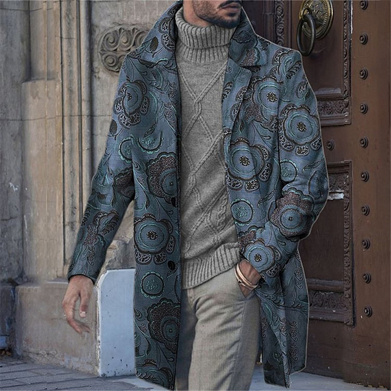 Floral Graphic Print Μεσαίου Μακρύ παλτό Ανδρικό αντιανεμικό λοξή τσέπη μονόπλευρο 3D παλτό Holiday Outdoor Leisure Jacket