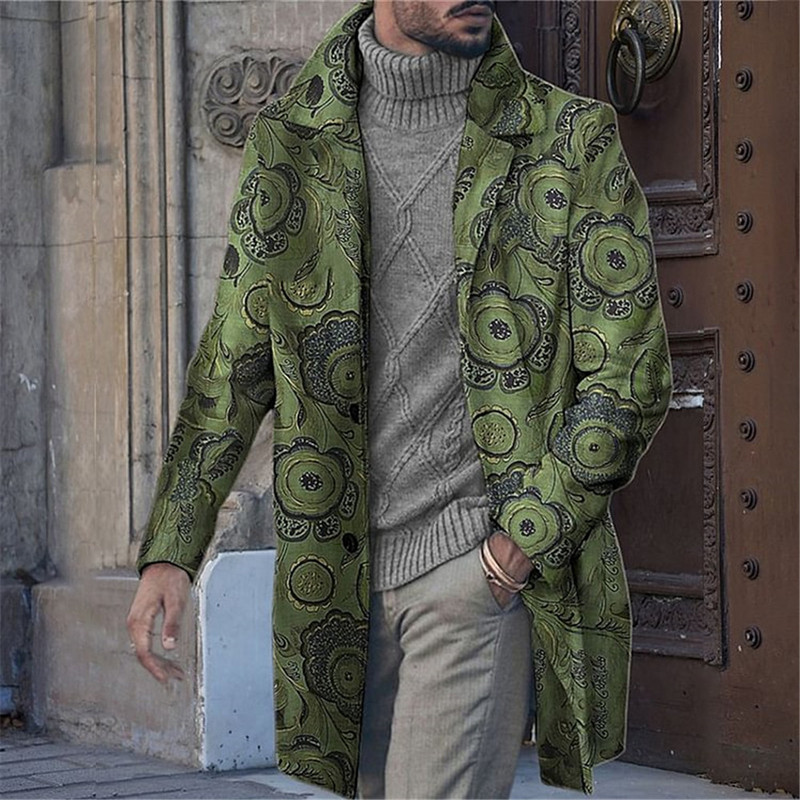 Floral Graphic Print Μεσαίου Μακρύ παλτό Ανδρικό αντιανεμικό λοξή τσέπη μονόπλευρο 3D παλτό Holiday Outdoor Leisure Jacket