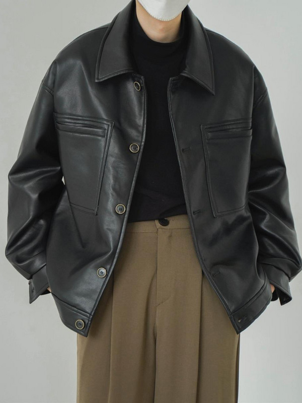 Mafokuwz Δερμάτινο μπουφάν Φθινοπωρινό Χειμώνας Νέο Vintage Κορεάτικο Streetwear Ανδρικό πέτο Casual Loose Cargo Κοντό σακάκι Trendy Top