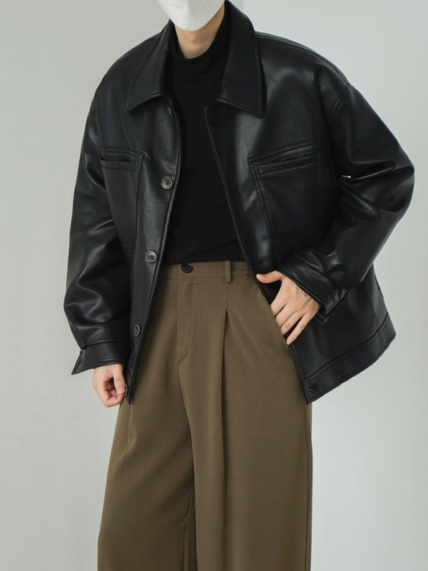 Mafokuwz Δερμάτινο μπουφάν Φθινοπωρινό Χειμώνας Νέο Vintage Κορεάτικο Streetwear Ανδρικό πέτο Casual Loose Cargo Κοντό σακάκι Trendy Top