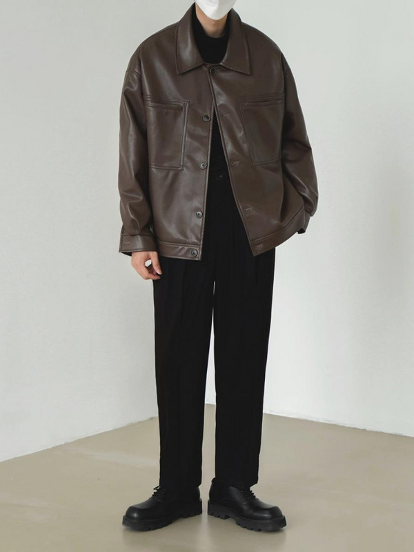 Mafokuwz Δερμάτινο μπουφάν Φθινοπωρινό Χειμώνας Νέο Vintage Κορεάτικο Streetwear Ανδρικό πέτο Casual Loose Cargo Κοντό σακάκι Trendy Top