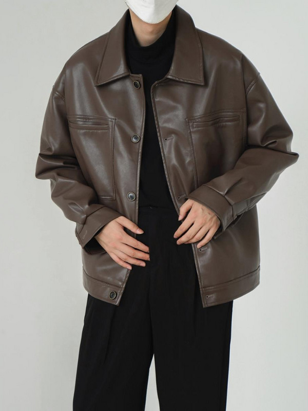 Mafokuwz Δερμάτινο μπουφάν Φθινοπωρινό Χειμώνας Νέο Vintage Κορεάτικο Streetwear Ανδρικό πέτο Casual Loose Cargo Κοντό σακάκι Trendy Top