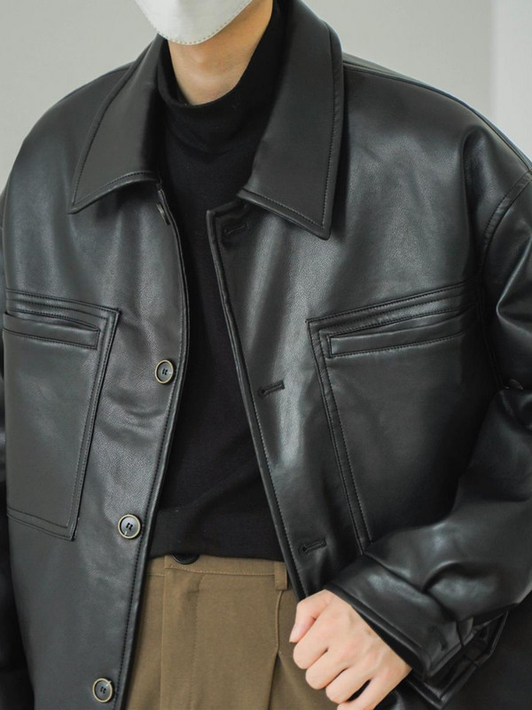 Mafokuwz Δερμάτινο μπουφάν Φθινοπωρινό Χειμώνας Νέο Vintage Κορεάτικο Streetwear Ανδρικό πέτο Casual Loose Cargo Κοντό σακάκι Trendy Top