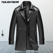 Нов мъжки кожен тренч Есенно-зимна мода Slim Fat PU Дълго кожено яке Мъжко облекло Палто AF1115