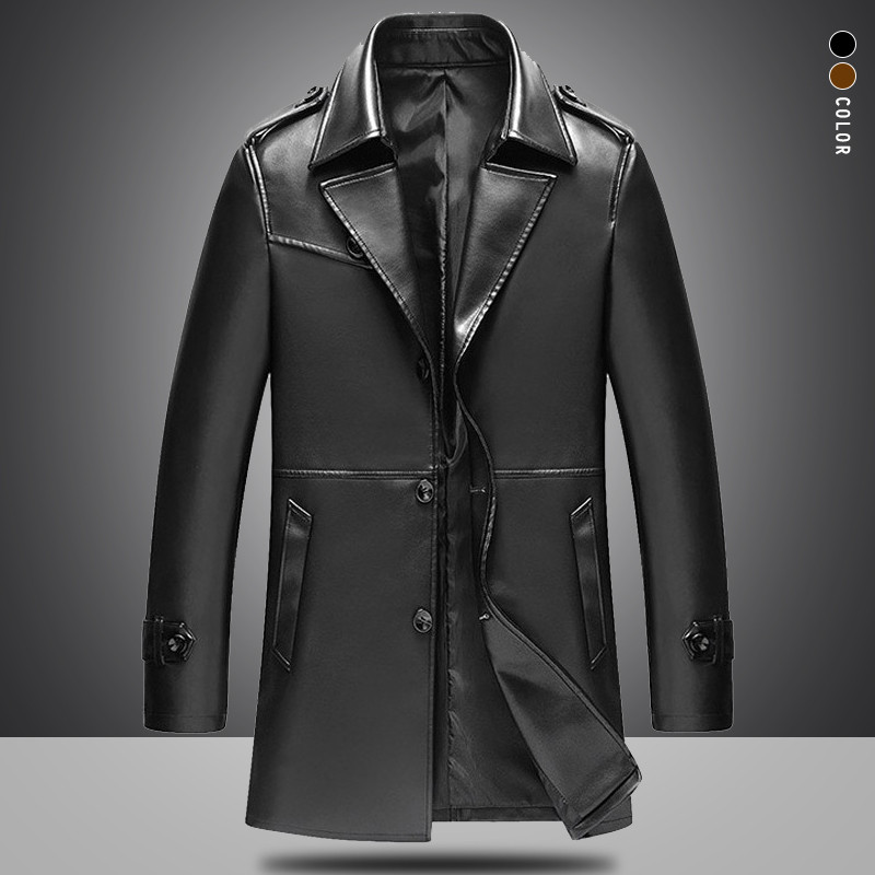Нов мъжки кожен тренч Есенно-зимна мода Slim Fat PU Дълго кожено яке Мъжко облекло Палто AF1115