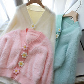 Ζακέτα Γυναικεία Φθινοπωρινή Χειμωνιάτικη Γούνινη Παλτό Χνουδωτό πουλόβερ V Λαιμόκοψη Μακρυμάνικα Φλοράλ Μπλούζες Κομψά φαρδιά μπλουζάκια κοντά πουλόβερ