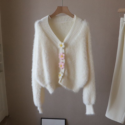 Ζακέτα Γυναικεία Φθινοπωρινή Χειμωνιάτικη Γούνινη Παλτό Χνουδωτό πουλόβερ V Λαιμόκοψη Μακρυμάνικα Φλοράλ Μπλούζες Κομψά φαρδιά μπλουζάκια κοντά πουλόβερ