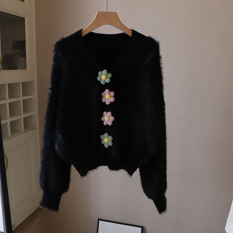 Ζακέτα Γυναικεία Φθινοπωρινή Χειμωνιάτικη Γούνινη Παλτό Χνουδωτό πουλόβερ V Λαιμόκοψη Μακρυμάνικα Φλοράλ Μπλούζες Κομψά φαρδιά μπλουζάκια κοντά πουλόβερ