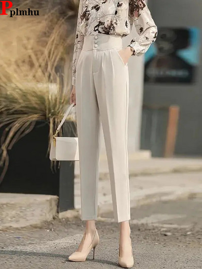 Haremske hlače korejskog dizajna visokog struka Ležerne uske hlače s 3 gumba Plave ženske ravne kratke hlače Nove široke nogavice Kapri hlače