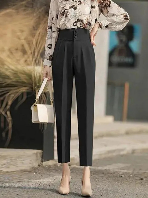 Korea Disain kõrge vöökohaga haaremi ülikond püksid vabaaja õhukesed 3 nööbiga sinine naiste sirge Spodnie uus laia säärega Pantalones Capris