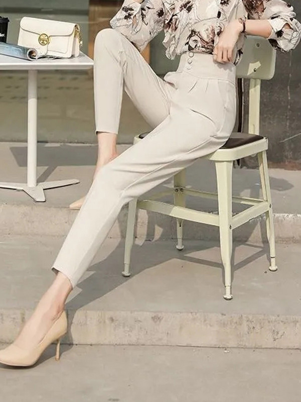 Korea Disain kõrge vöökohaga haaremi ülikond püksid vabaaja õhukesed 3 nööbiga sinine naiste sirge Spodnie uus laia säärega Pantalones Capris