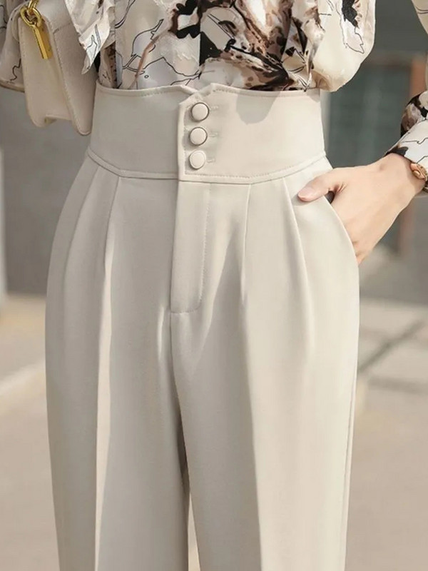 Korea Disain kõrge vöökohaga haaremi ülikond püksid vabaaja õhukesed 3 nööbiga sinine naiste sirge Spodnie uus laia säärega Pantalones Capris