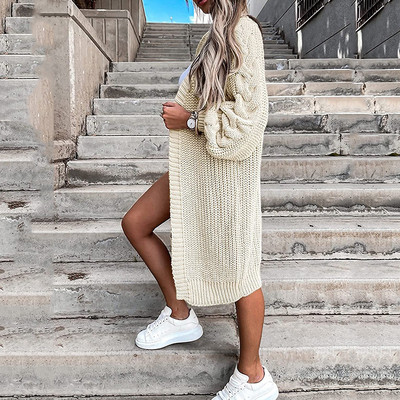 Ζακέτα με πλεκτό γυναικείο μακρύ τζάκετ Φθινοπωρινό, χειμερινό μπλε βελονάκι Φαρδύ μακρυμάνικο γυναικείο πουλόβερ 2022 Ζακέτες ζακέτες με ζακέτες