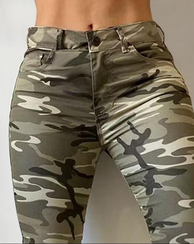 Y2K naiste pannid, 2023. aasta sügis, uus mood, vabaaja kõrge vöökohaga kamuflaažitrükiga taskudisain, mansettidega kaubapüksid Pantalon Femme