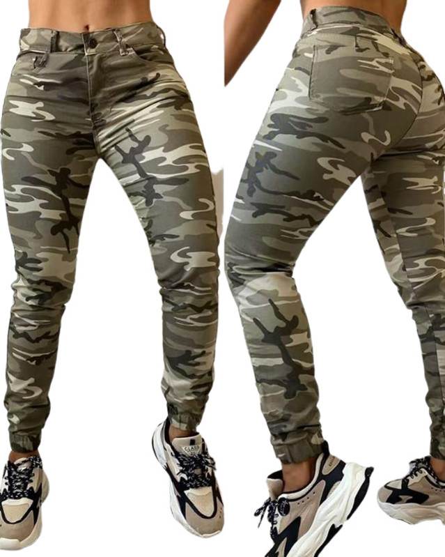 Y2K naiste pannid, 2023. aasta sügis, uus mood, vabaaja kõrge vöökohaga kamuflaažitrükiga taskudisain, mansettidega kaubapüksid Pantalon Femme