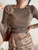 Κορεάτικο λεπτό γυναικείο πλεκτό πουλόβερ 2023 Φθινόπωρο Χειμώνας O λαιμός Casual Πουλόβερ με κουμπιά Γυναικεία Κομψά μακρυμάνικα μπλουζάκια Femme