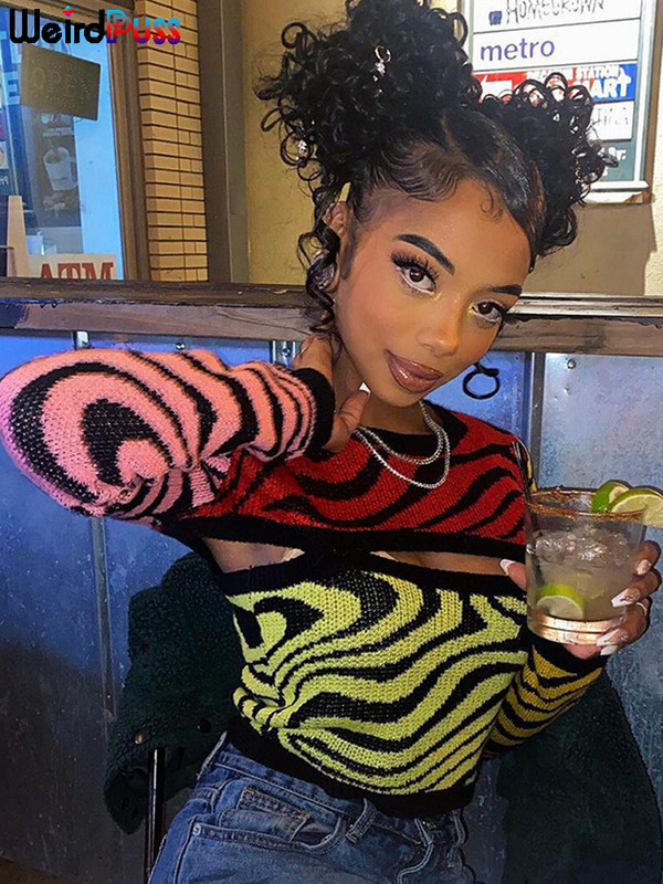 Weird Puss πολύχρωμο βελονάκι κούφιο γυναίκες Πουλόβερ φθινοπώρου χειμώνα Ζεστασιά Skinny Casual Y2K Vintage Wild Streetwear Trend Πουλόβερ
