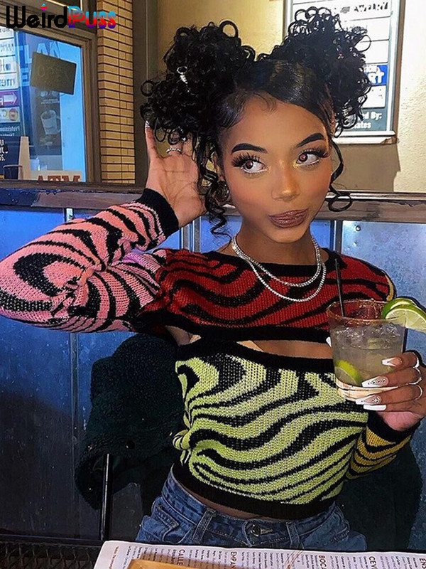 Weird Puss πολύχρωμο βελονάκι κούφιο γυναίκες Πουλόβερ φθινοπώρου χειμώνα Ζεστασιά Skinny Casual Y2K Vintage Wild Streetwear Trend Πουλόβερ