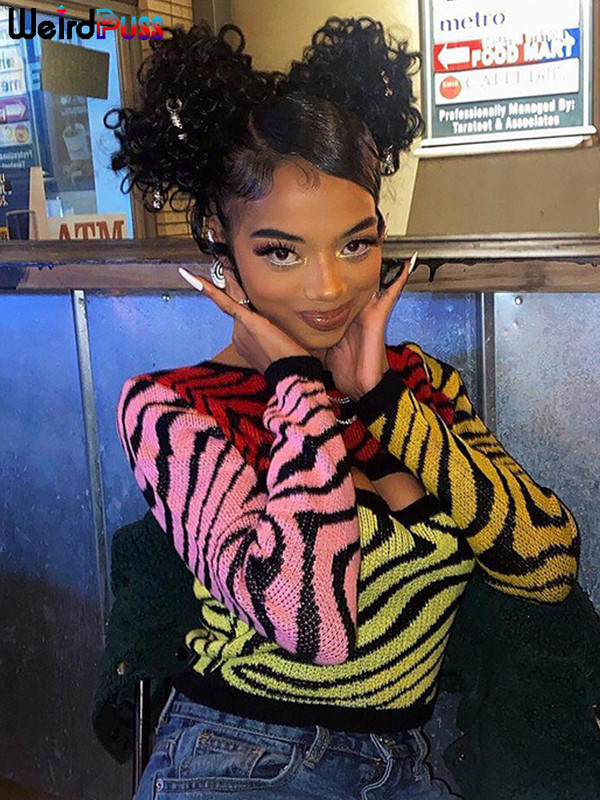 Weird Puss πολύχρωμο βελονάκι κούφιο γυναίκες Πουλόβερ φθινοπώρου χειμώνα Ζεστασιά Skinny Casual Y2K Vintage Wild Streetwear Trend Πουλόβερ