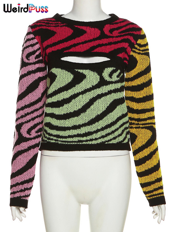 Weird Puss πολύχρωμο βελονάκι κούφιο γυναίκες Πουλόβερ φθινοπώρου χειμώνα Ζεστασιά Skinny Casual Y2K Vintage Wild Streetwear Trend Πουλόβερ
