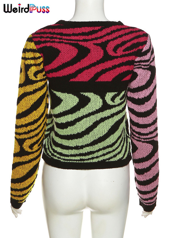 Weird Puss πολύχρωμο βελονάκι κούφιο γυναίκες Πουλόβερ φθινοπώρου χειμώνα Ζεστασιά Skinny Casual Y2K Vintage Wild Streetwear Trend Πουλόβερ