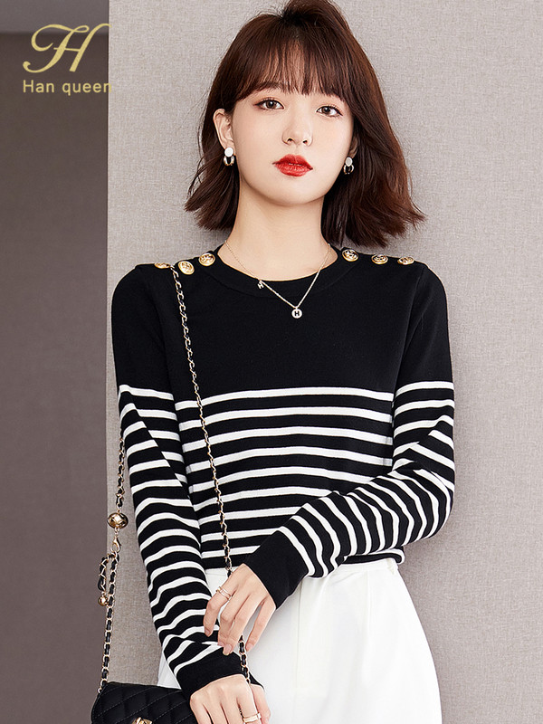 H Han Queen Sügistop Uus Korea elastne kootud pullover kampsunid šikk nööbiga O-kaelusega kootud alumine särk Triibuline kampsun naistele