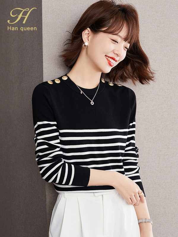 H Han Queen Sügistop Uus Korea elastne kootud pullover kampsunid šikk nööbiga O-kaelusega kootud alumine särk Triibuline kampsun naistele