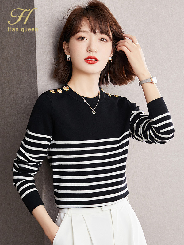 H Han Queen Sügistop Uus Korea elastne kootud pullover kampsunid šikk nööbiga O-kaelusega kootud alumine särk Triibuline kampsun naistele