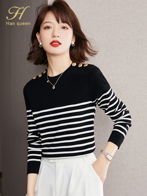 H Han Queen Sügistop Uus Korea elastne kootud pullover kampsunid šikk nööbiga O-kaelusega kootud alumine särk Triibuline kampsun naistele