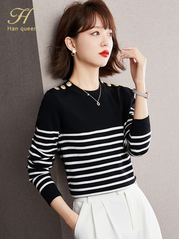 H Han Queen Sügistop Uus Korea elastne kootud pullover kampsunid šikk nööbiga O-kaelusega kootud alumine särk Triibuline kampsun naistele