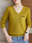 TuangBiang Φθινόπωρο 2023 Διακοσμητική τσέπη με στρας με λαιμόκοψη Χειμερινό χαλαρό κομψό πουλόβερ Κορεατικά γυναικεία πλεκτά μπλουζάκια