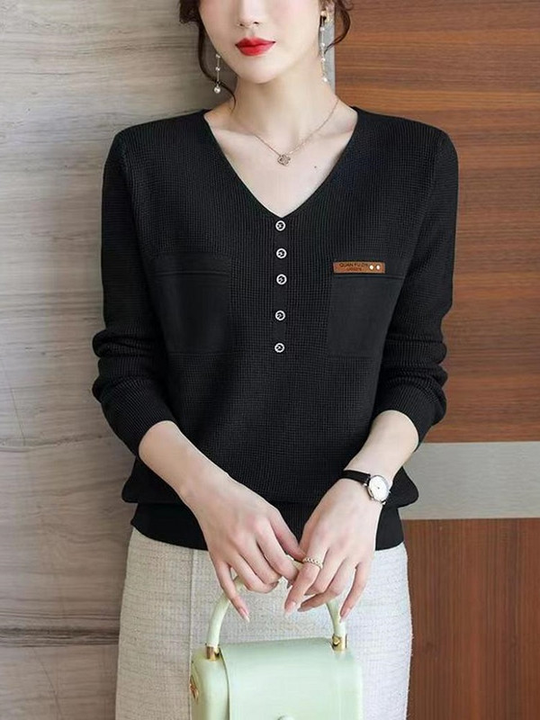 TuangBiang Φθινόπωρο 2023 Διακοσμητική τσέπη με στρας με λαιμόκοψη Χειμερινό χαλαρό κομψό πουλόβερ Κορεατικά γυναικεία πλεκτά μπλουζάκια